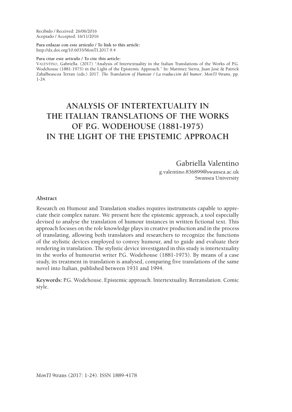 Analysis of Intertextuality in the Italian Translations of the Works of P.G