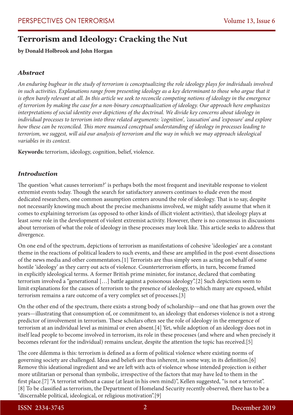 Terrorism and Ideology: Cracking the Nut by Donald Holbrook and John Horgan