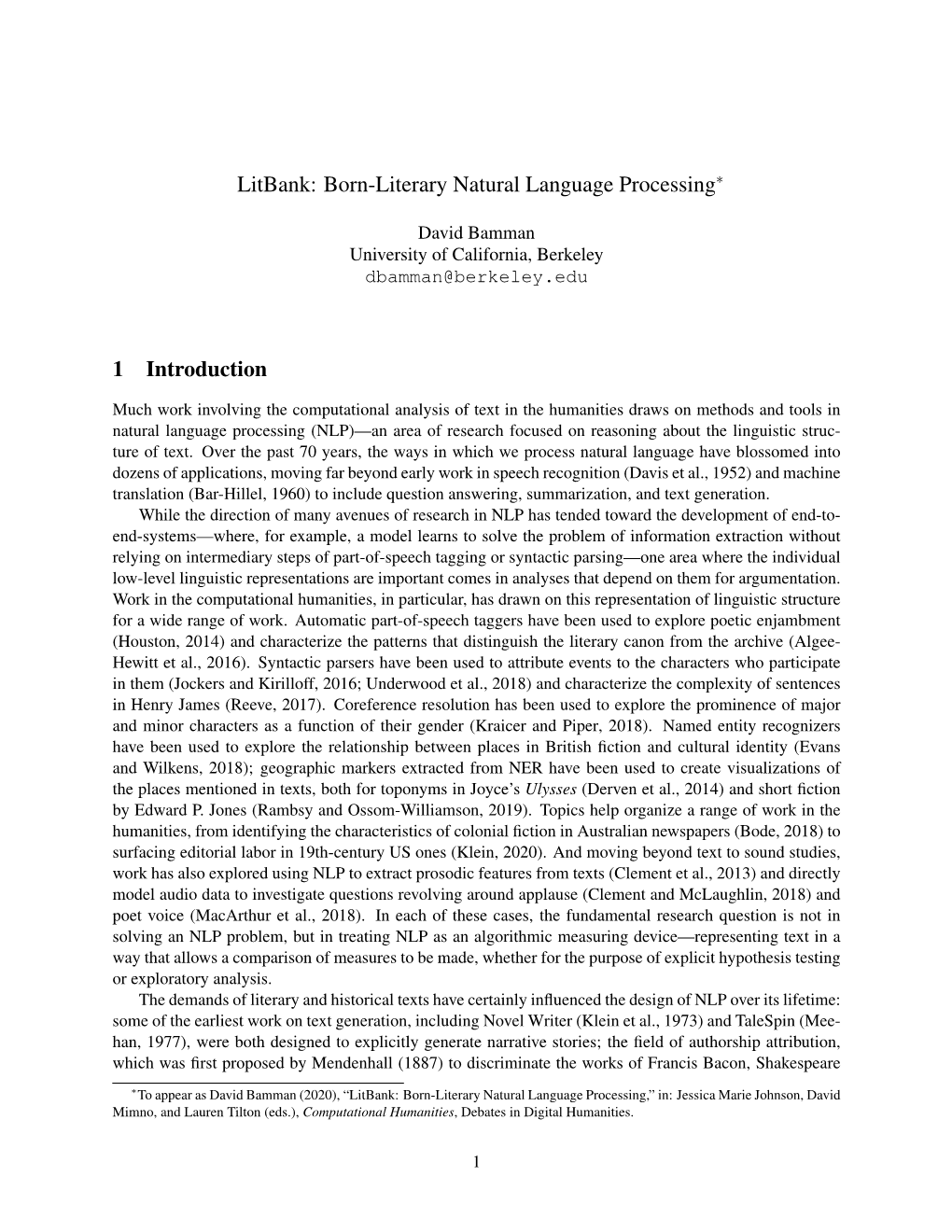 Litbank: Born-Literary Natural Language Processing 1 Introduction