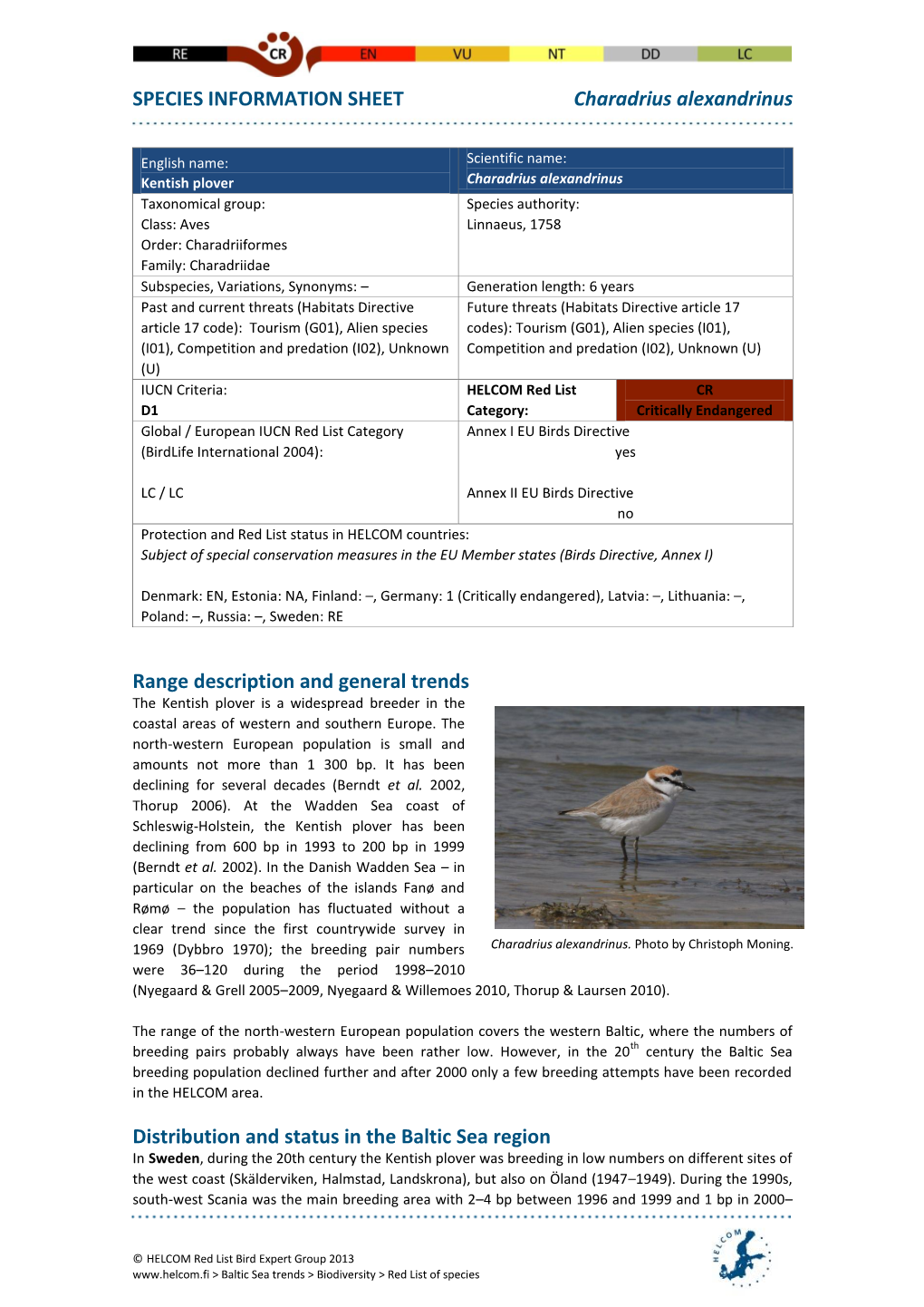 SPECIES INFORMATION SHEET Charadrius Alexandrinus