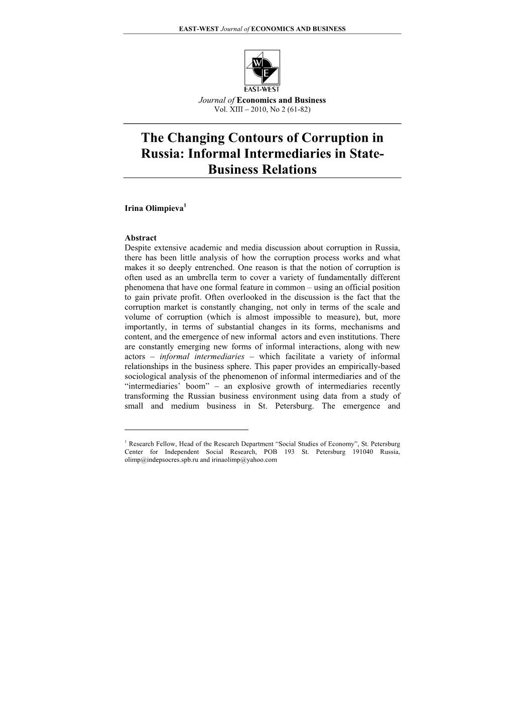 The Changing Contours of Corruption in Russia: Informal Intermediaries in State- Business Relations