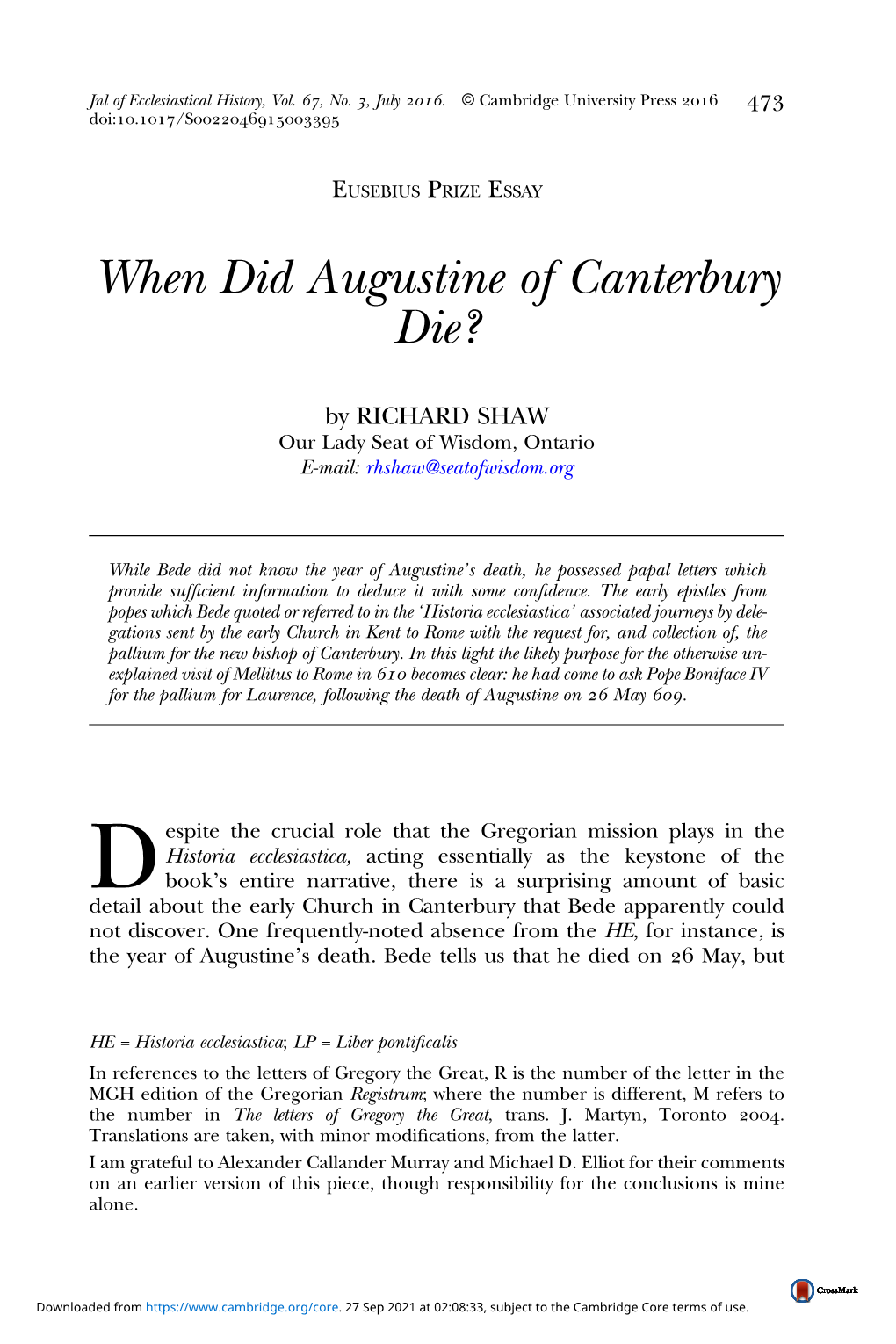 When Did Augustine of Canterbury Die?