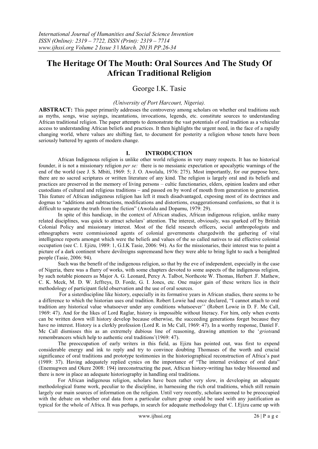 Oral Sources and the Study of African Traditional Religion George I.K