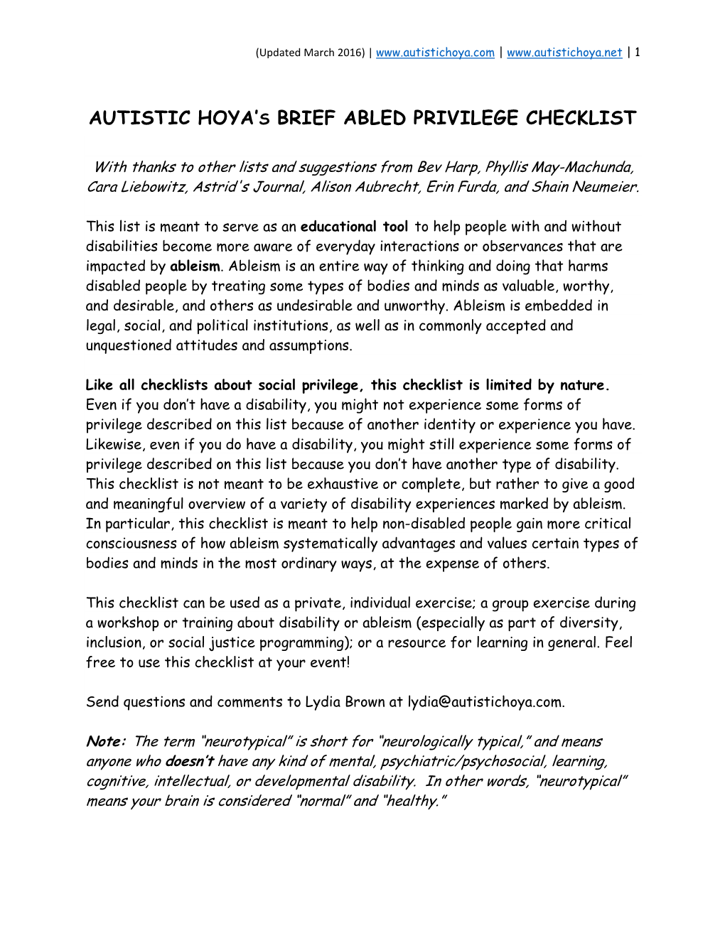 Autistic Hoya's Brief Abled Privilege Checklist