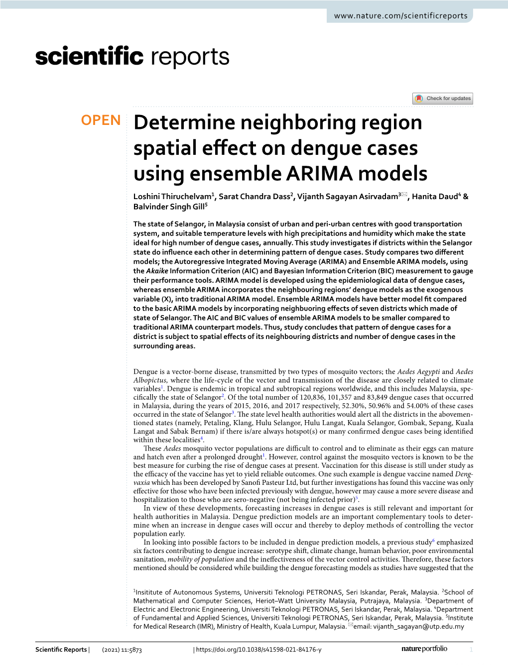 Determine Neighboring Region Spatial Effect on Dengue Cases Using Ensemble ARIMA Models