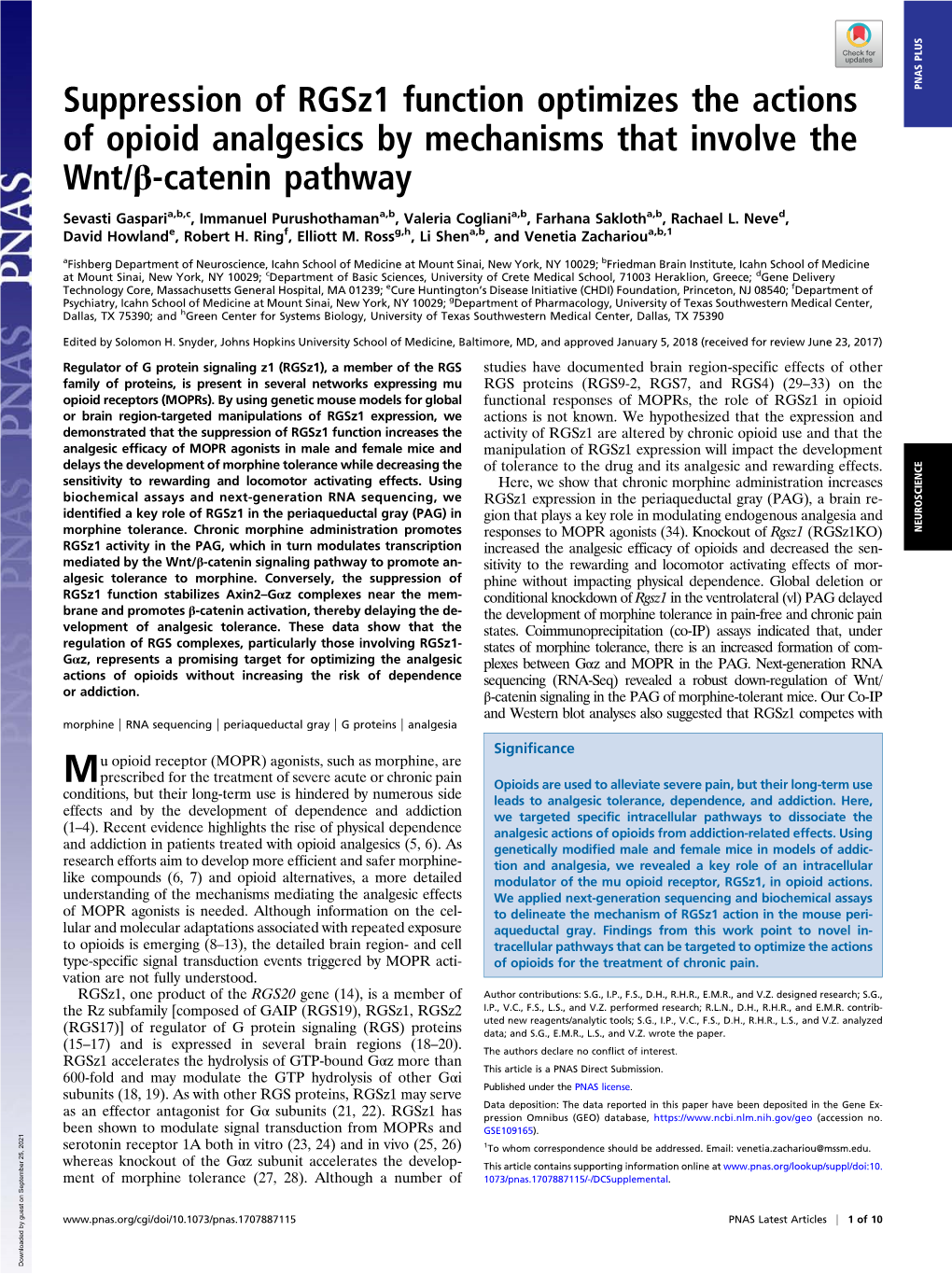 Suppression of Rgsz1 Function Optimizes the Actions of Opioid