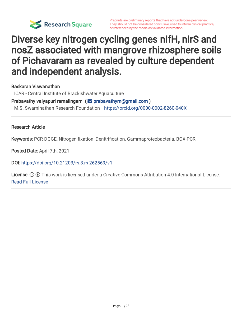 Diverse Key Nitrogen Cycling Genes Nifh, Nirs and Nosz Associated with Mangrove Rhizosphere Soils of Pichavaram As Revealed by C