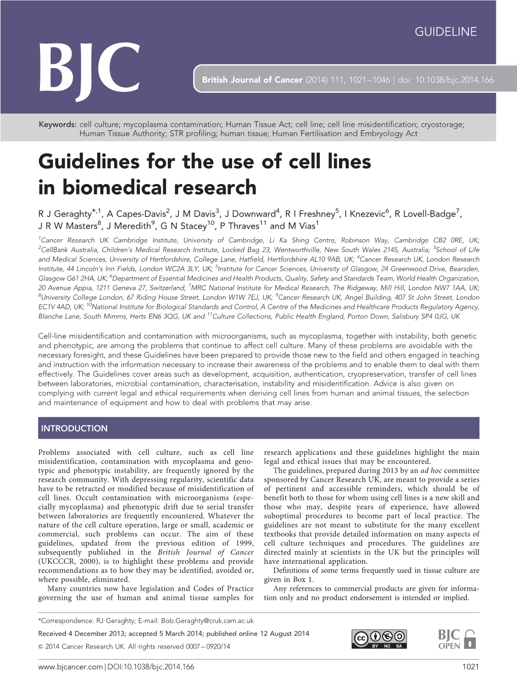 Guidelines for the Use of Cell Lines in Biomedical Research