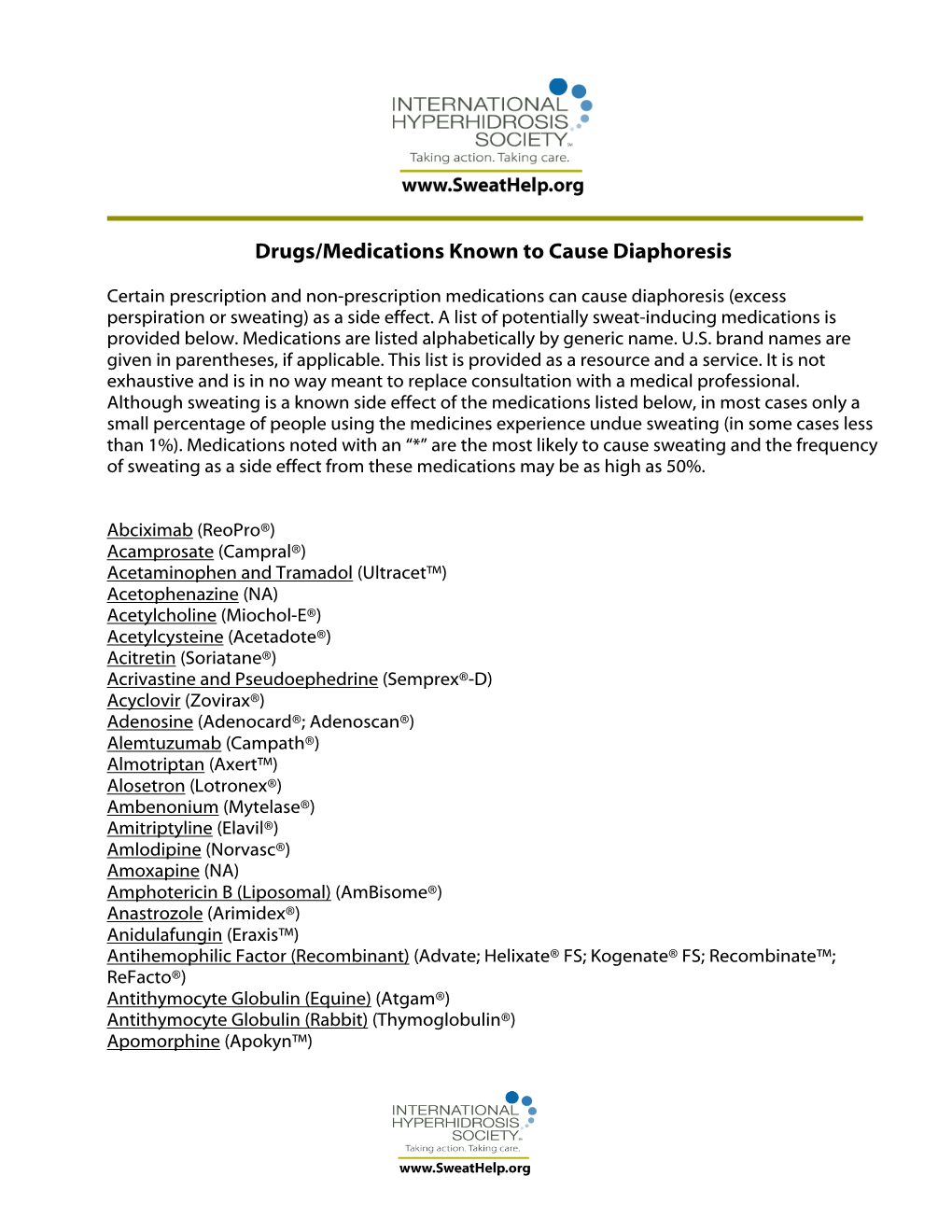 Drugs/Medications Known to Cause Diaphoresis