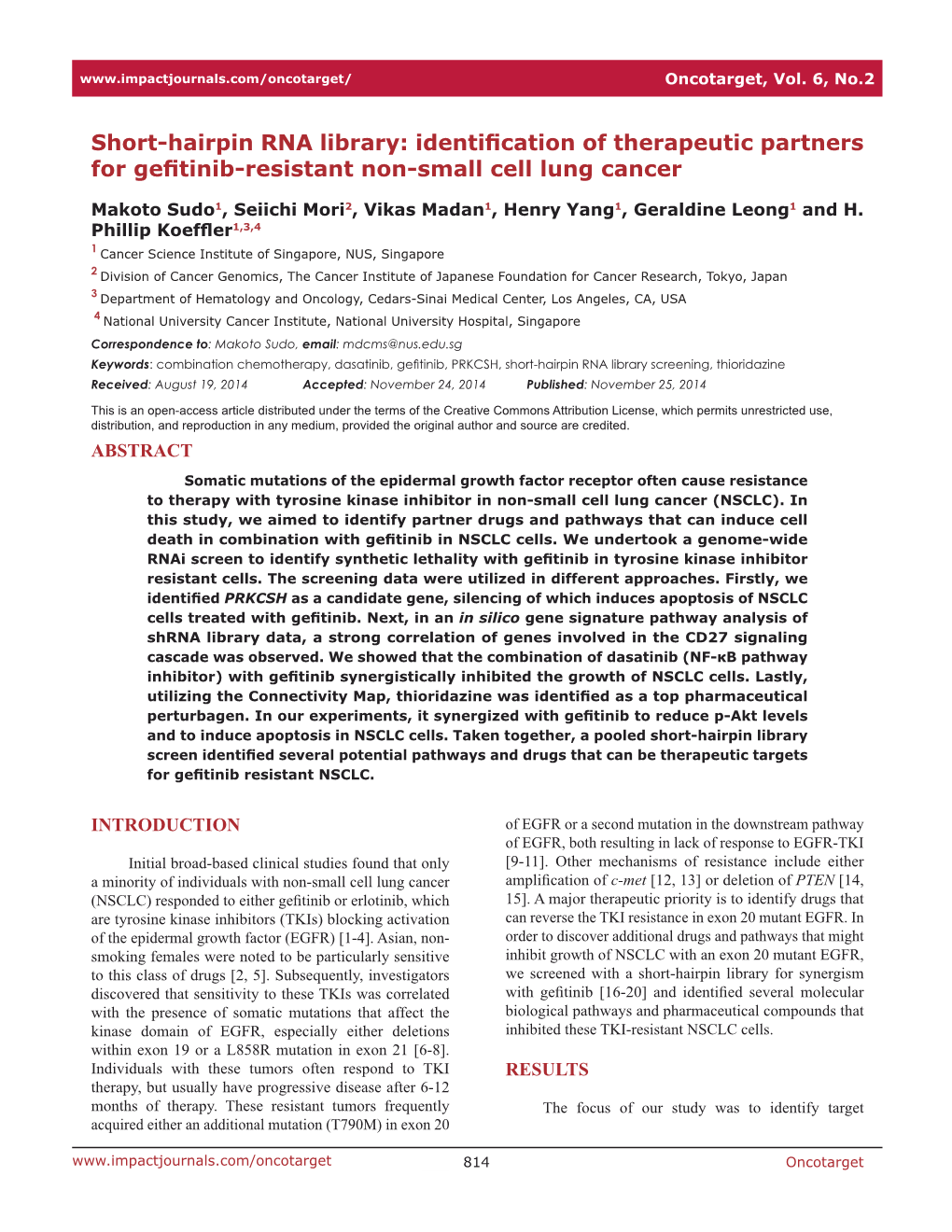 Short-Hairpin RNA Library: Identification of Therapeutic Partners for Gefitinib-Resistant Non-Small Cell Lung Cancer