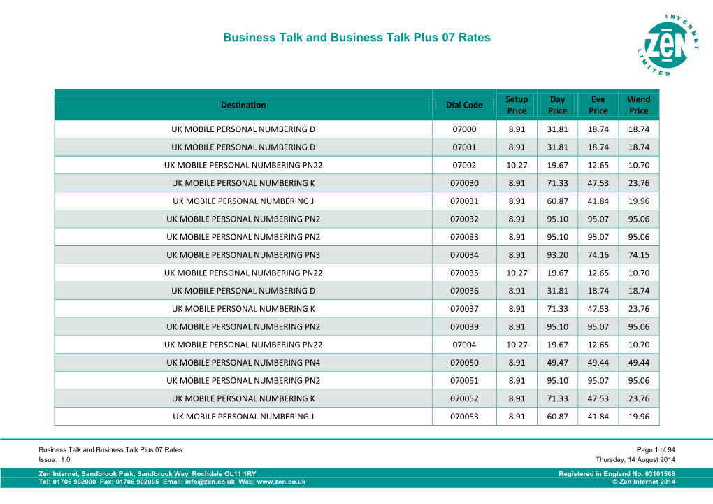 Business Talk and Business Talk Plus 07 Rates