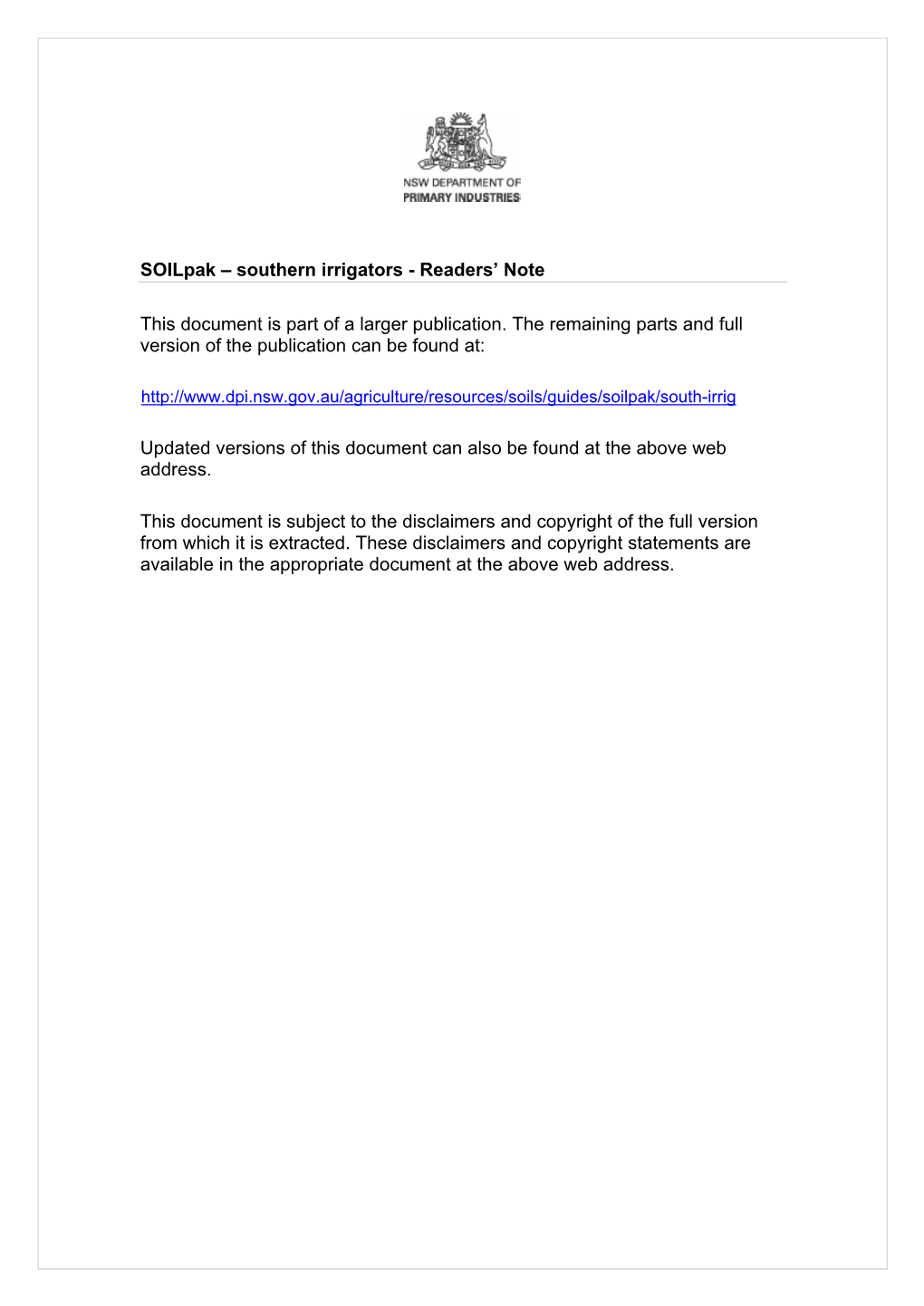 Southern Irrigators - Readers’ Note