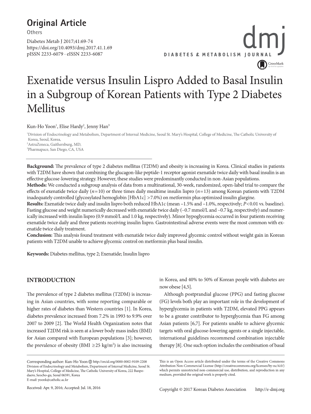 Exenatide Versus Insulin Lispro Added to Basal Insulin in a Subgroup of Korean Patients with Type 2 Diabetes Mellitus