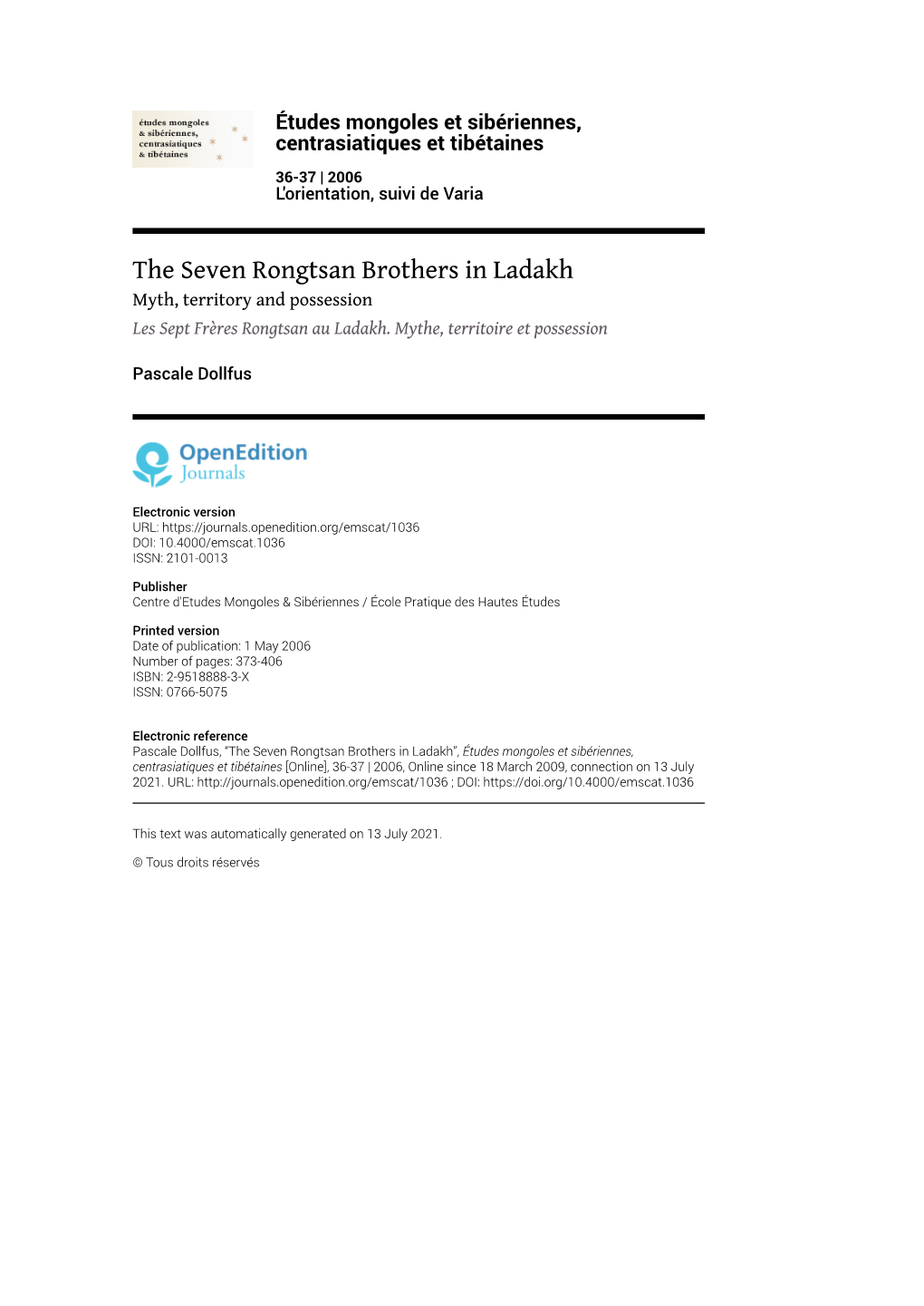 Études Mongoles Et Sibériennes, Centrasiatiques Et Tibétaines, 36-37 | 2006 the Seven Rongtsan Brothers in Ladakh 2
