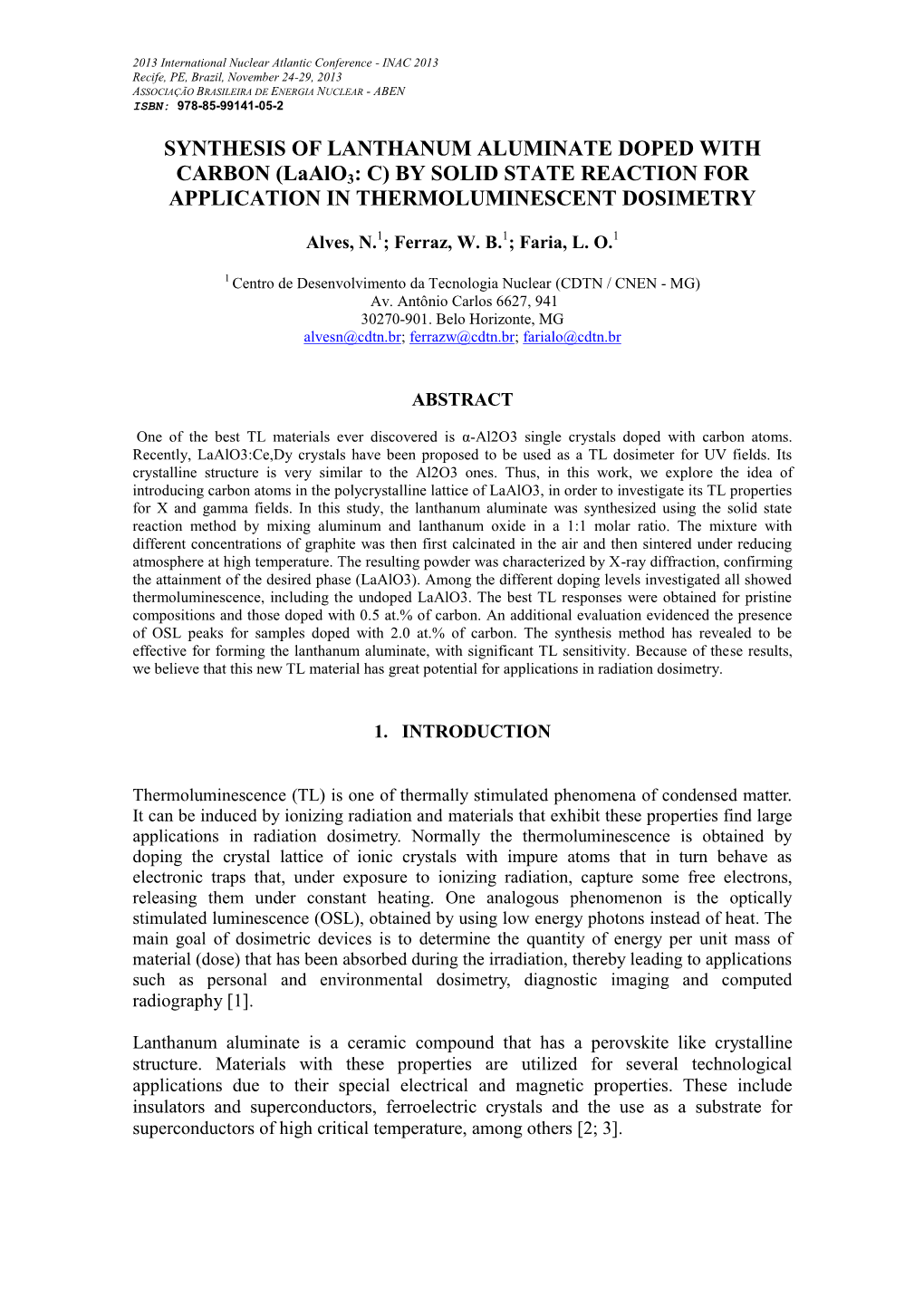 SYNTHESIS of LANTHANUM ALUMINATE DOPED with CARBON (Laalo3: C) by SOLID STATE REACTION for APPLICATION in THERMOLUMINESCENT DOSIMETRY