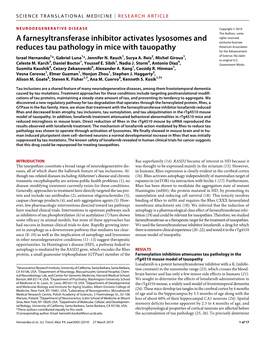 A Farnesyltransferase Inhibitor Activates Lysosomes and Reduces