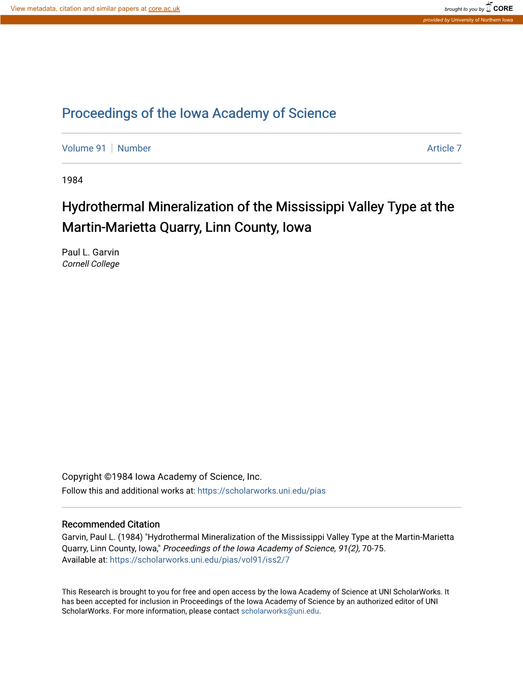 Hydrothermal Mineralization of the Mississippi Valley Type at the Martin-Marietta Quarry, Linn County, Iowa