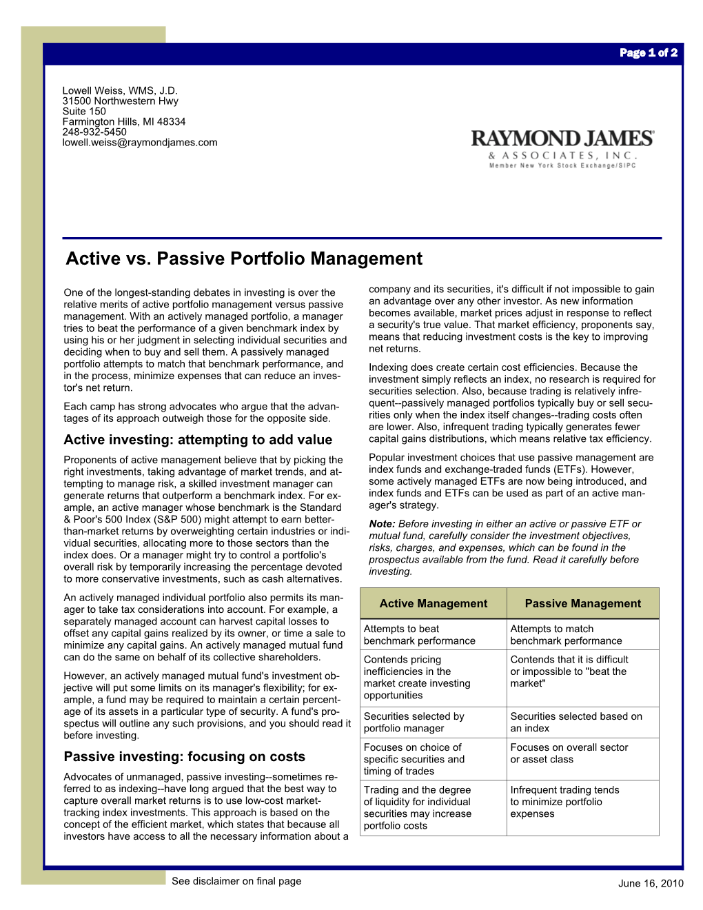 Active Vs. Passive Portfolio Management