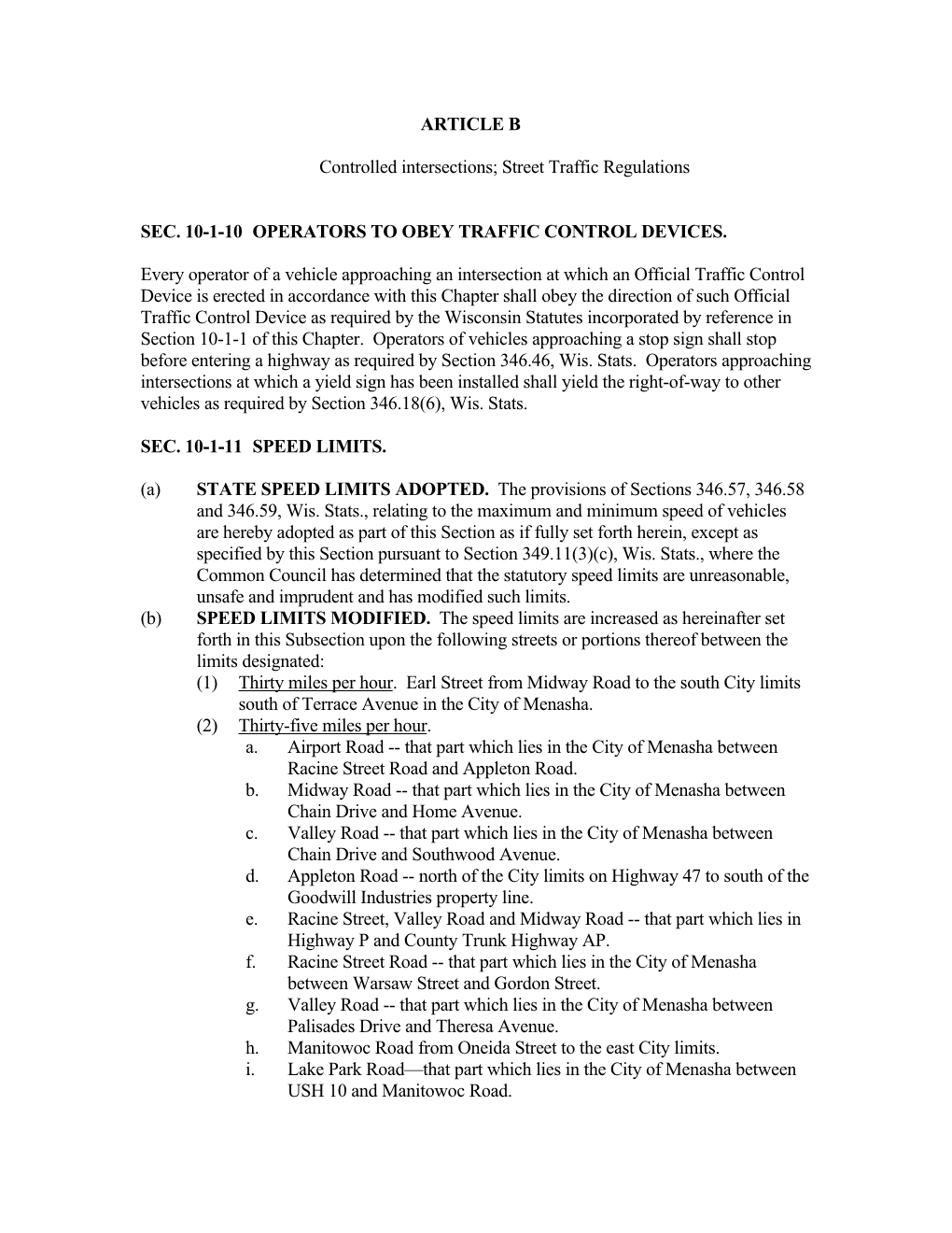 ARTICLE B Controlled Intersections; Street Traffic Regulations SEC. 10