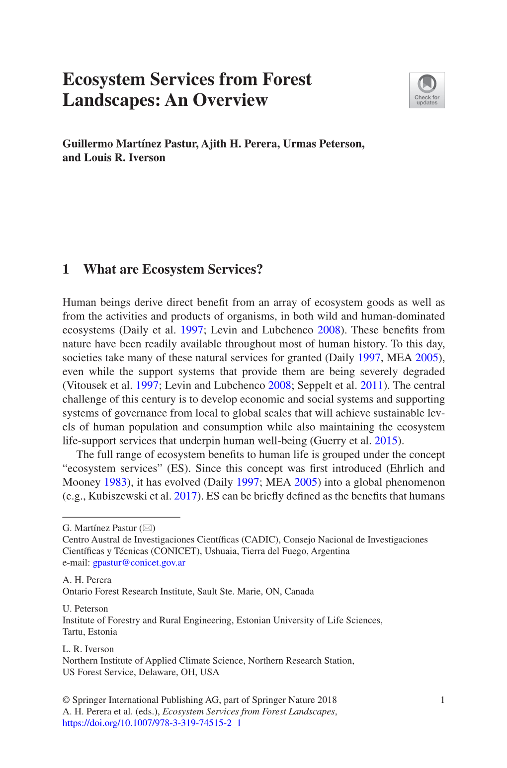 Ecosystem Services from Forested Landscapes: an Overview