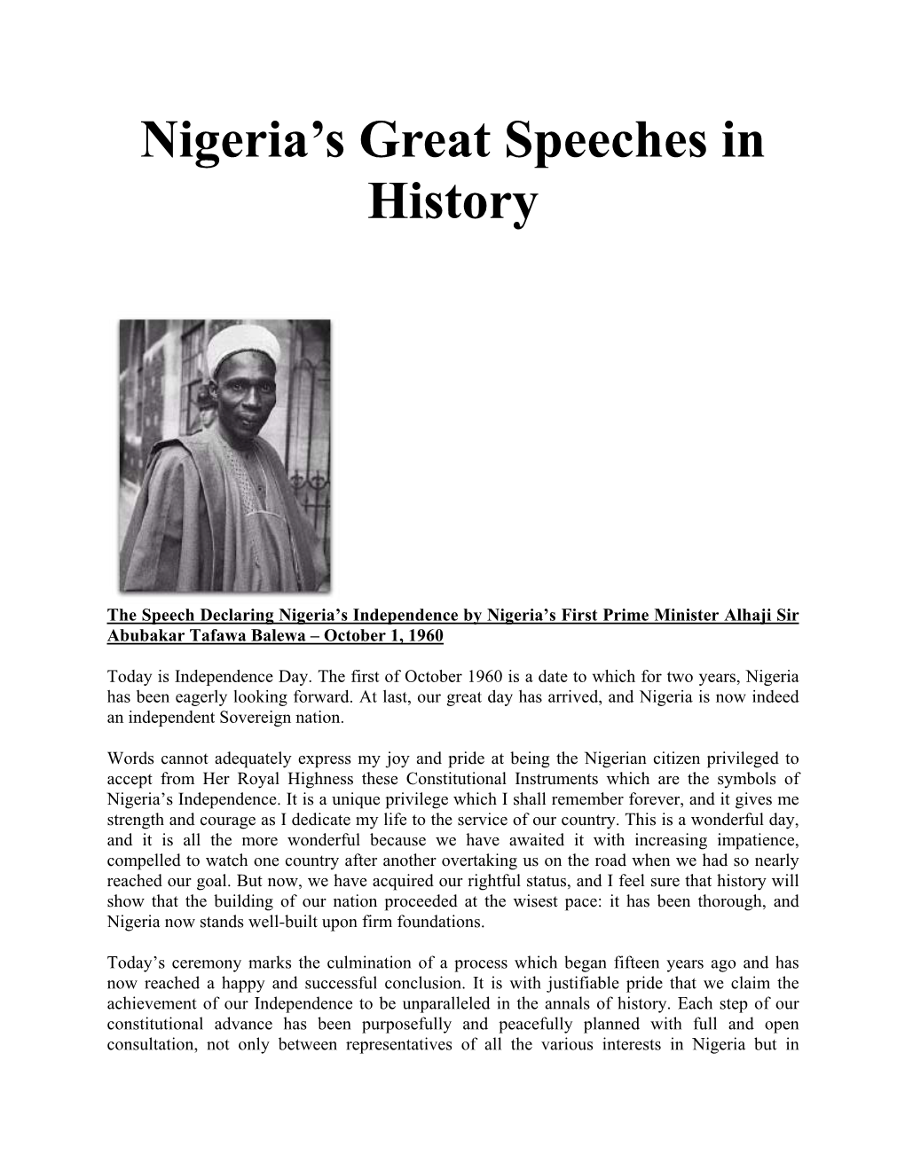 Nigeria's Great Speeches in History