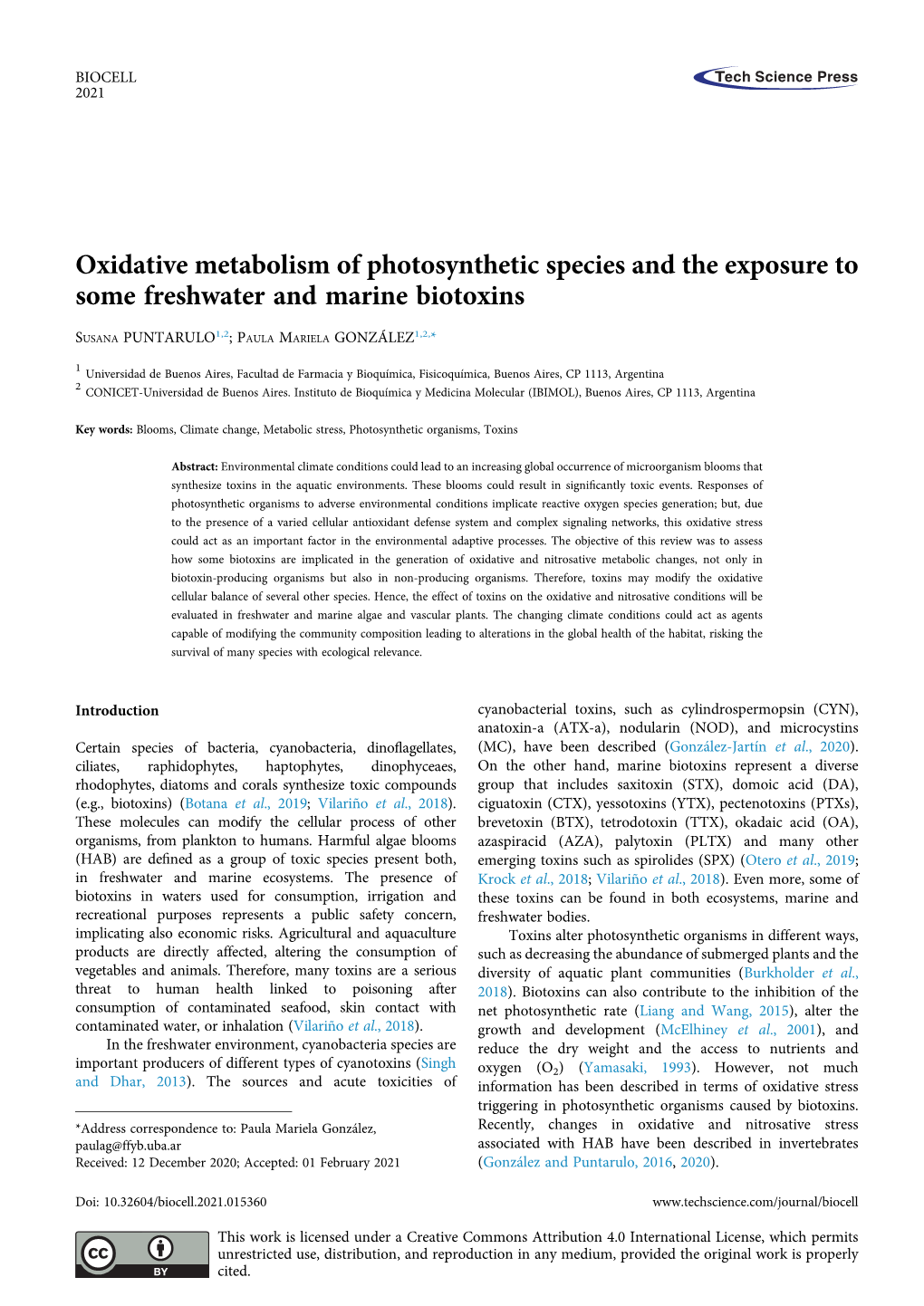 Oxidative Metabolism of Photosynthetic Species and the Exposure to Some Freshwater and Marine Biotoxins