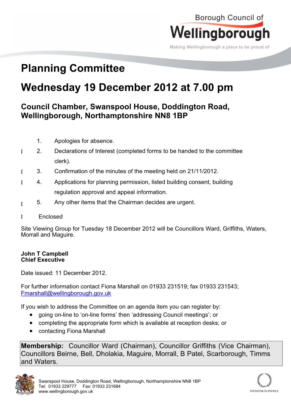 Planning Committee Wednesday 19 December 2012 at 7.00 Pm