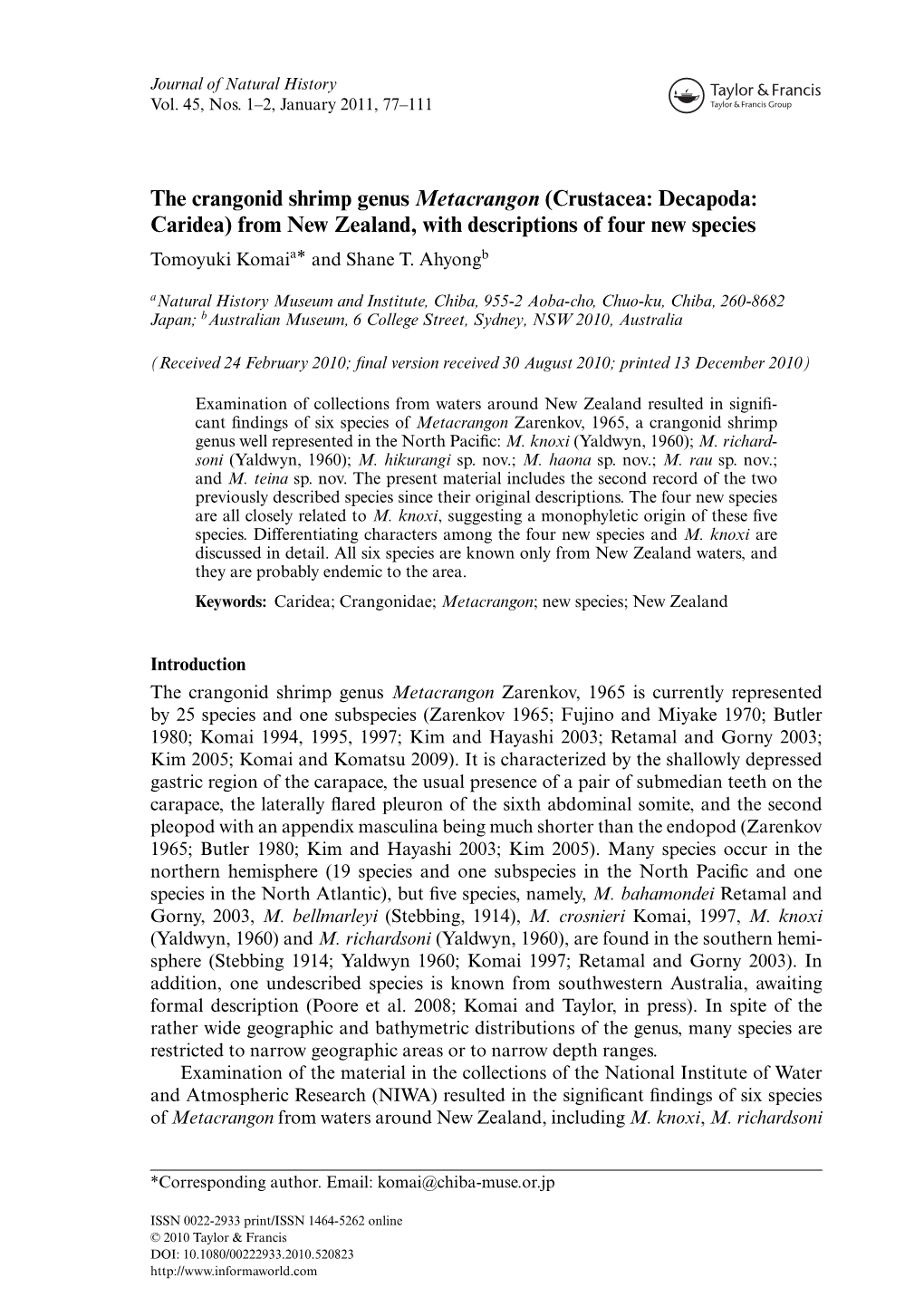 Crustacea: Decapoda: Caridea) from New Zealand, with Descriptions of Four New Species Tomoyuki Komaia* and Shane T