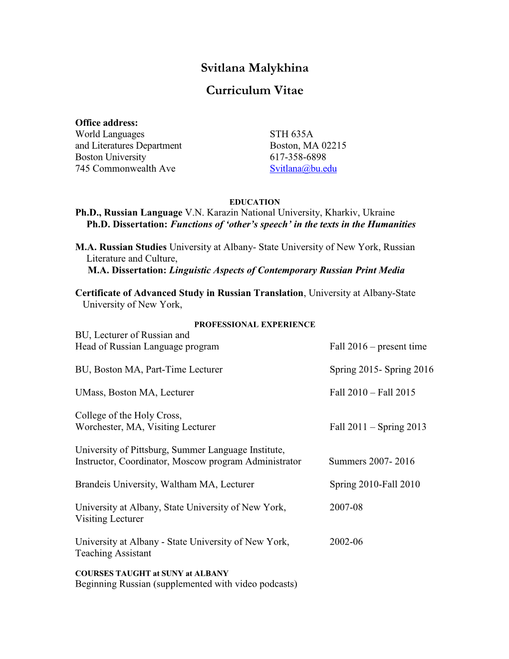 Svitlana Malykhina Curriculum Vitae