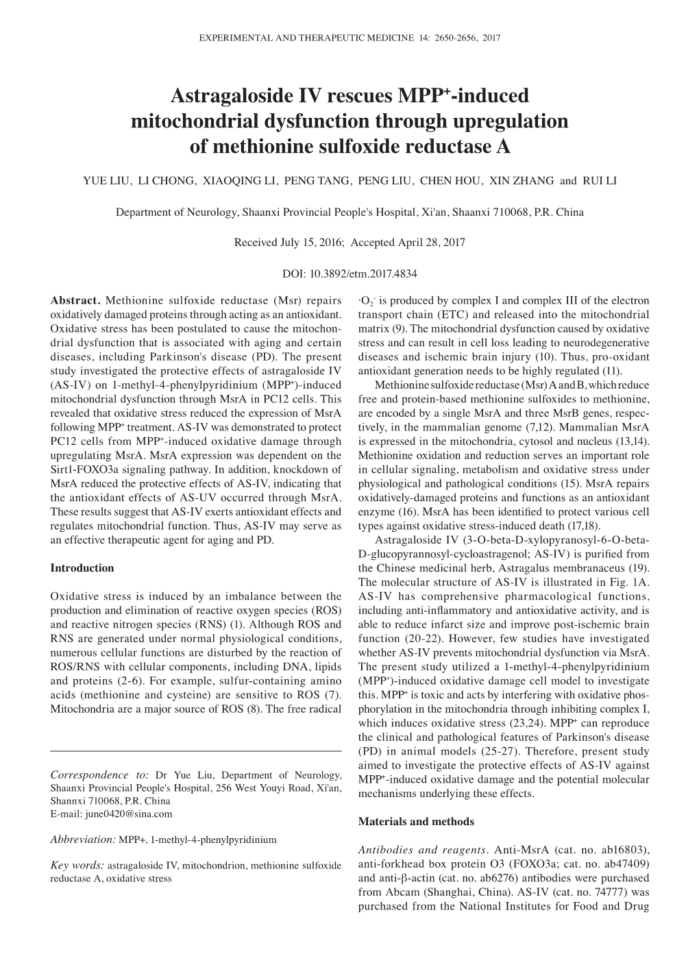 Astragaloside IV Rescues MPP+‑Induced Mitochondrial Dysfunction Through Upregulation of Methionine Sulfoxide Reductase A