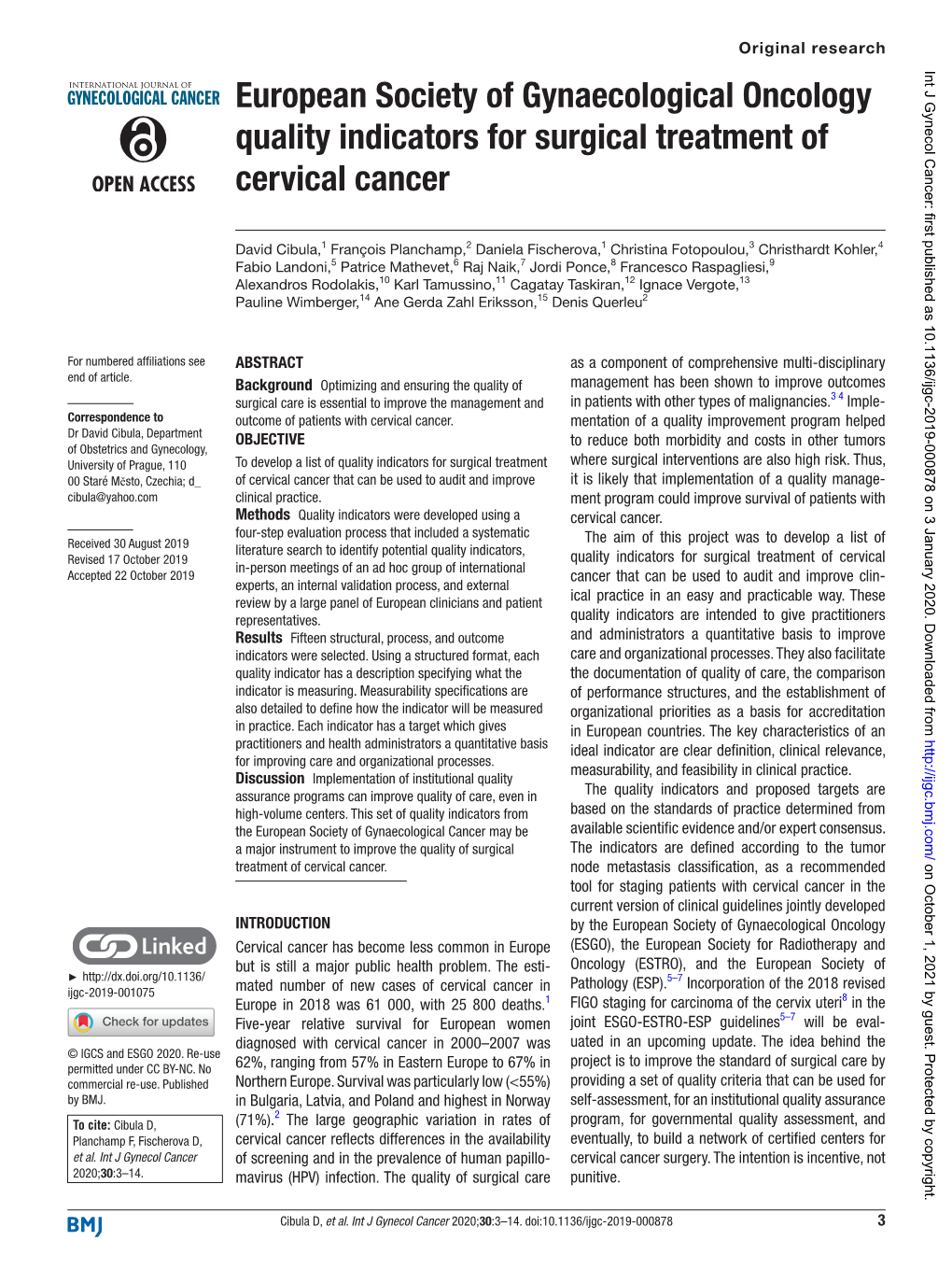 European Society of Gynaecological Oncology Quality Indicators for Surgical Treatment of Cervical Cancer