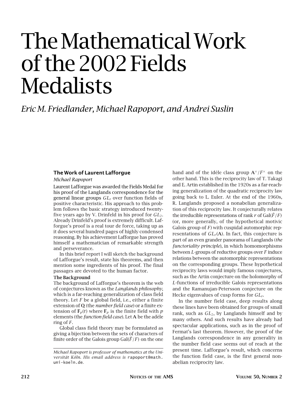 The Mathematical Work of the 2002 Fields Medalists, Volume 50