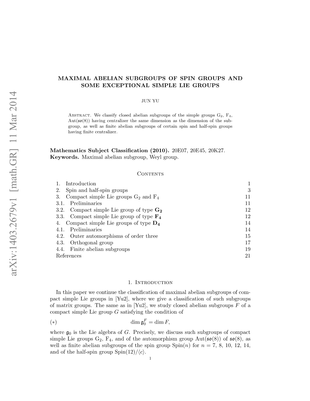 Maximal Abelian Subgroups of Spin Groups and Some Exceptional