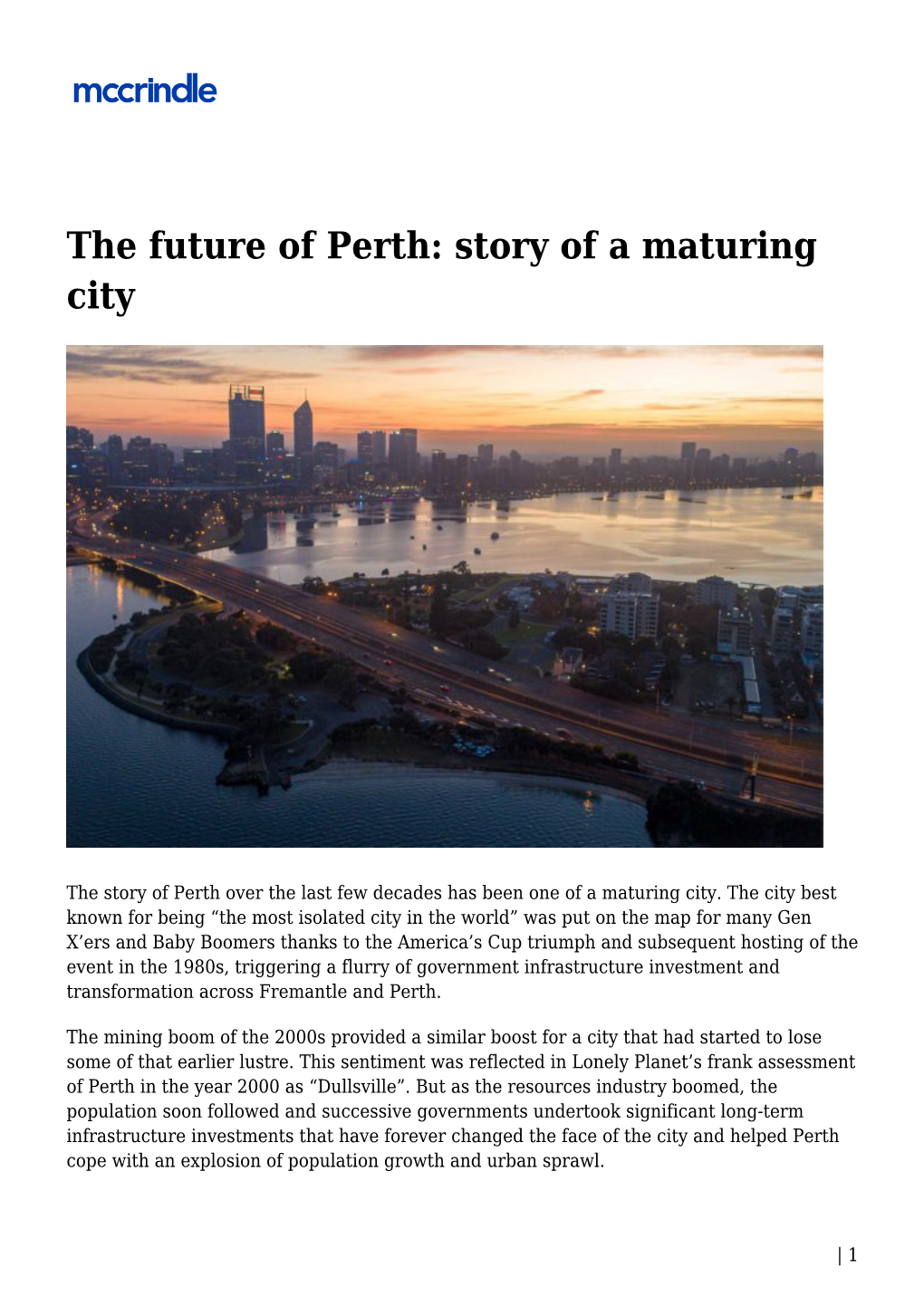 The Future of Perth: Story of a Maturing City
