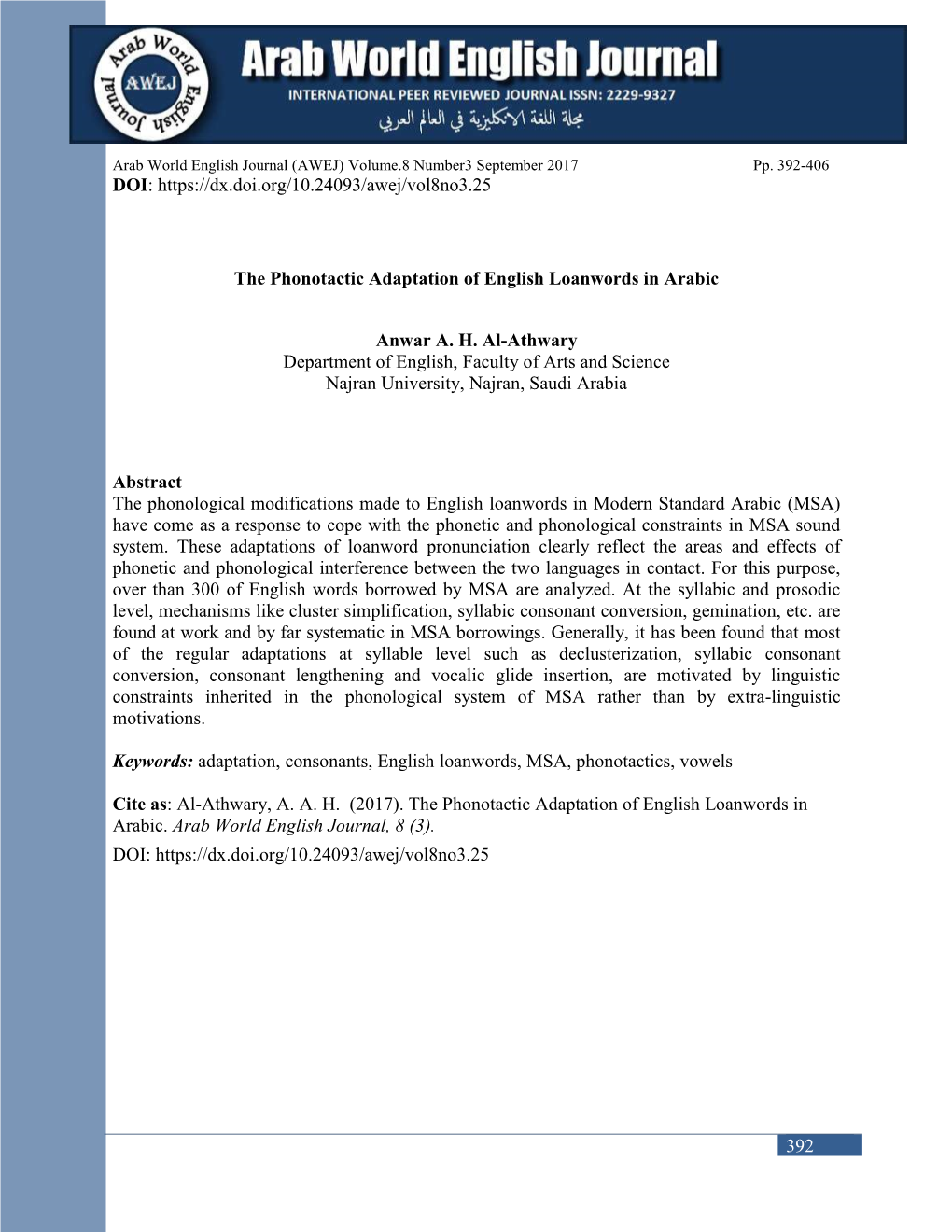 The Phonotactic Adaptation of English Loanwords in Arabic