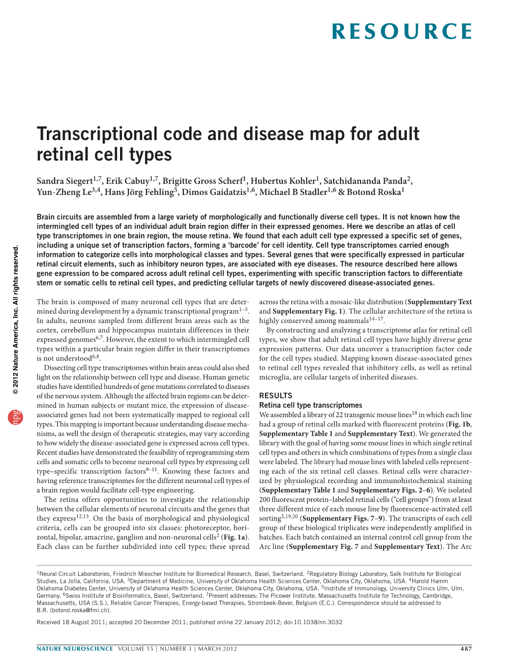 Transcriptional Code and Disease Map for Adult Retinal Cell Types