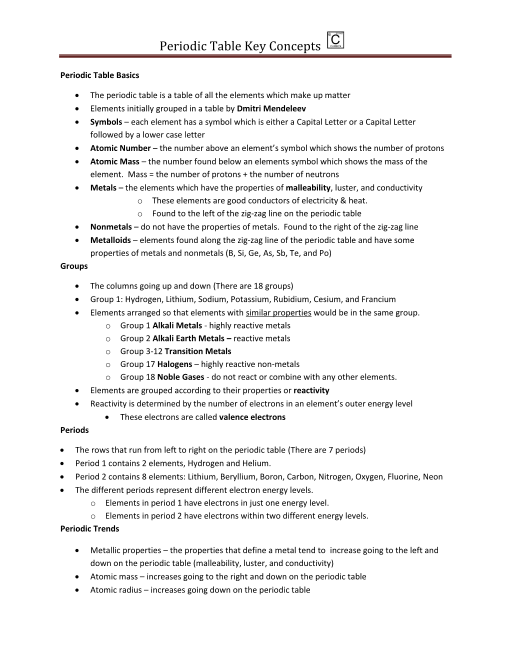 Periodic Table Key Concepts