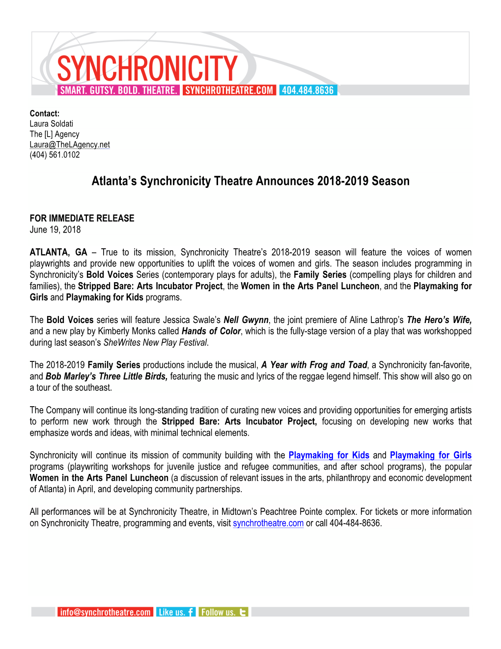 Atlanta's Synchronicity Theatre Announces 2018-2019 Season