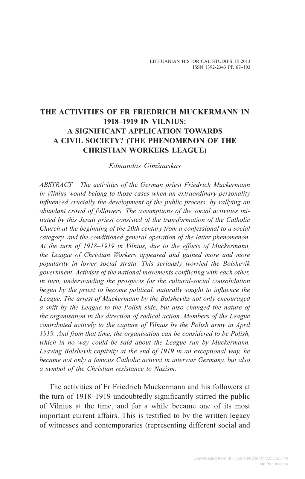 The Activities of Fr Friedrich Muckermann in 1918–1919 in Vilnius: a Significant Application Towards a Civil Society? (The Phenomenon of the Christian Workers League)