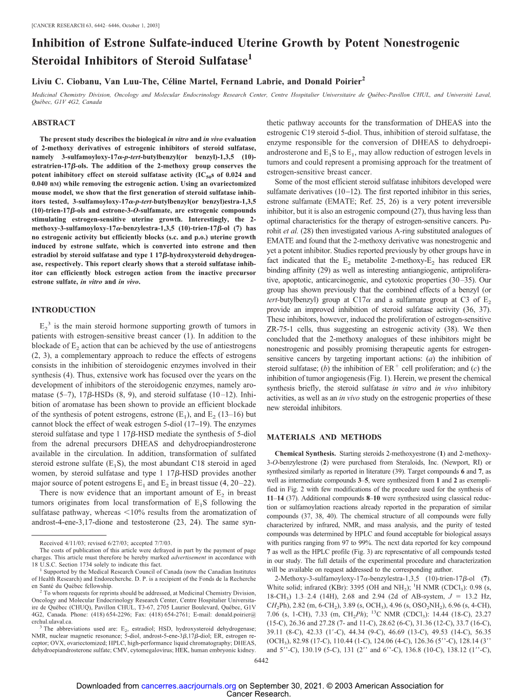 Inhibition of Estrone Sulfate-Induced Uterine Growth by Potent Nonestrogenic Steroidal Inhibitors of Steroid Sulfatase1