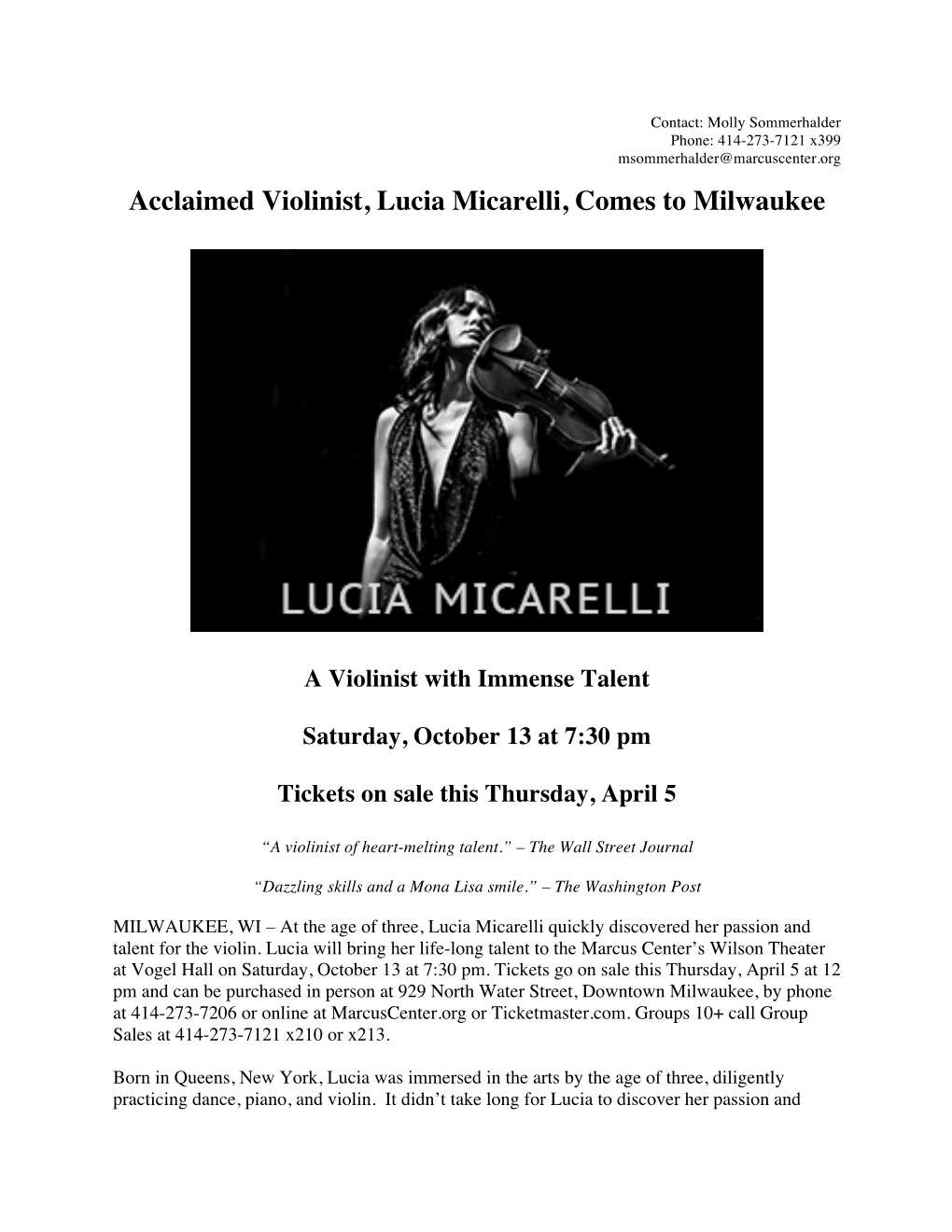 Acclaimed Violinist, Lucia Micarelli, Comes to Milwaukee