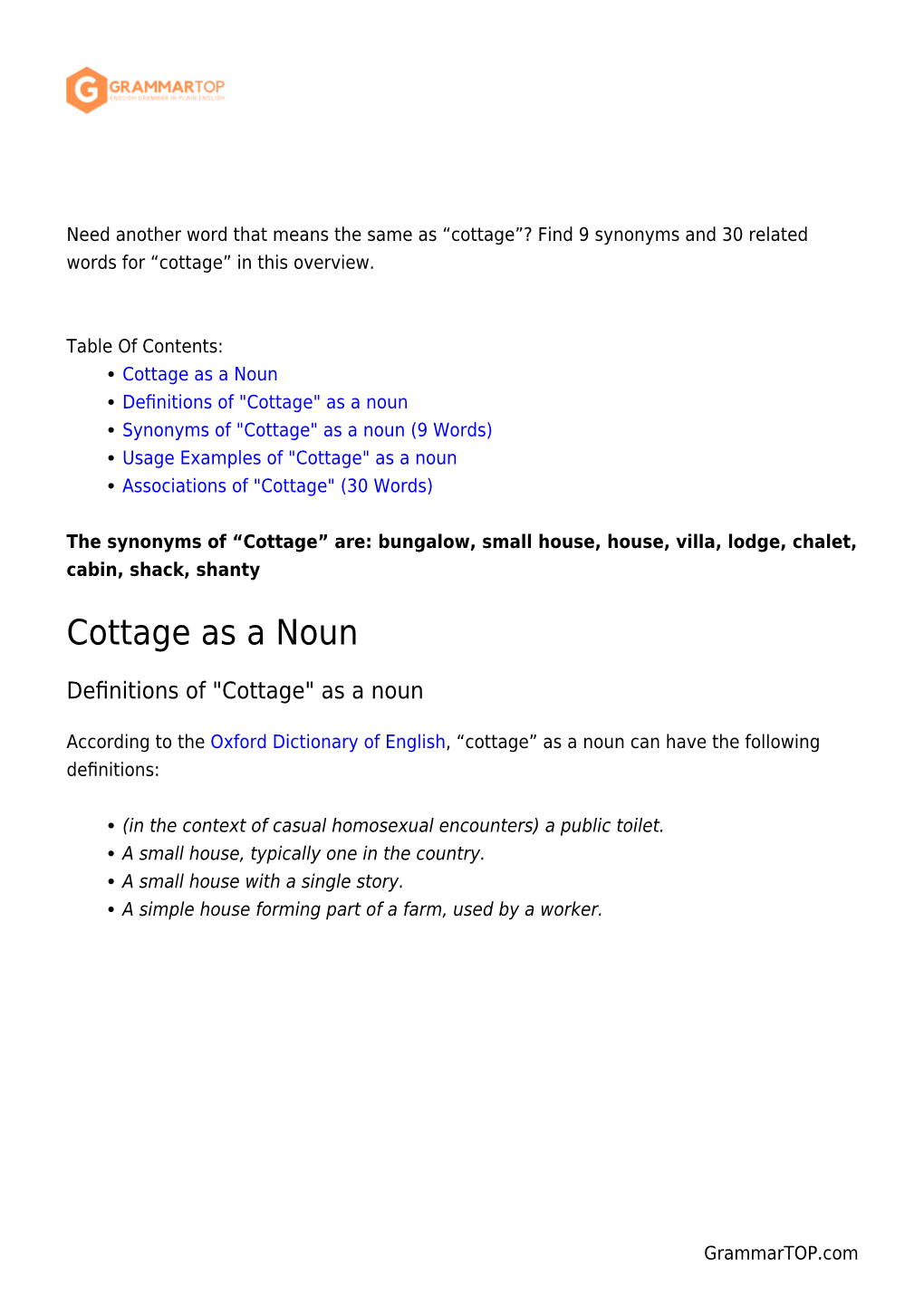 Cottage”? Find 9 Synonyms and 30 Related Words for “Cottage” in This Overview