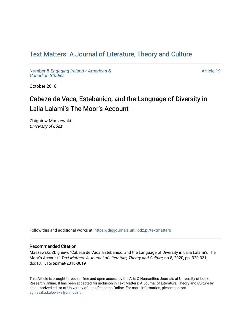 Cabeza De Vaca, Estebanico, and the Language of Diversity in Laila Lalami's the Moor's Account