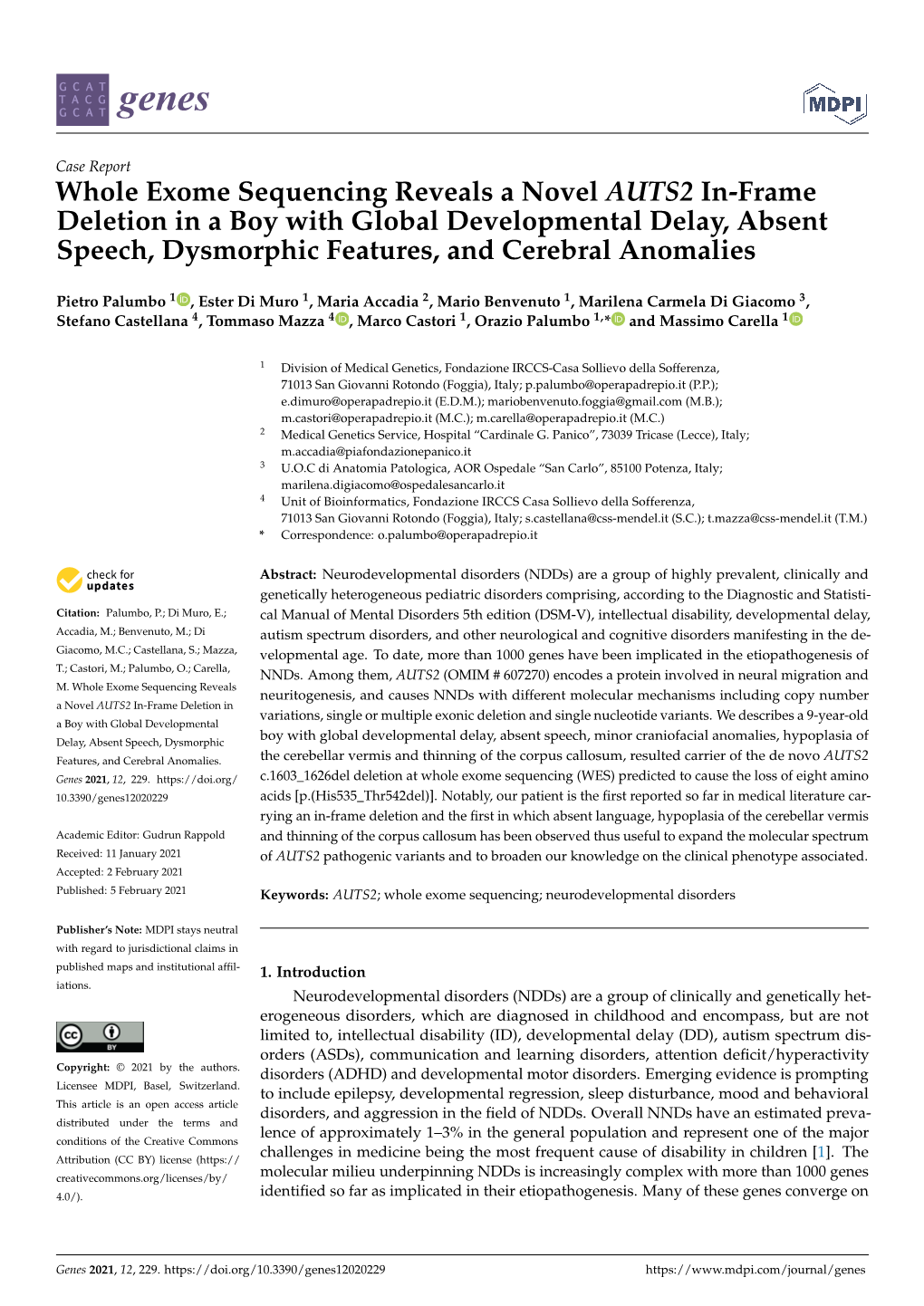 Whole Exome Sequencing Reveals a Novel AUTS2 In-Frame Deletion in a Boy with Global Developmental Delay, Absent Speech, Dysmorphic Features, and Cerebral Anomalies