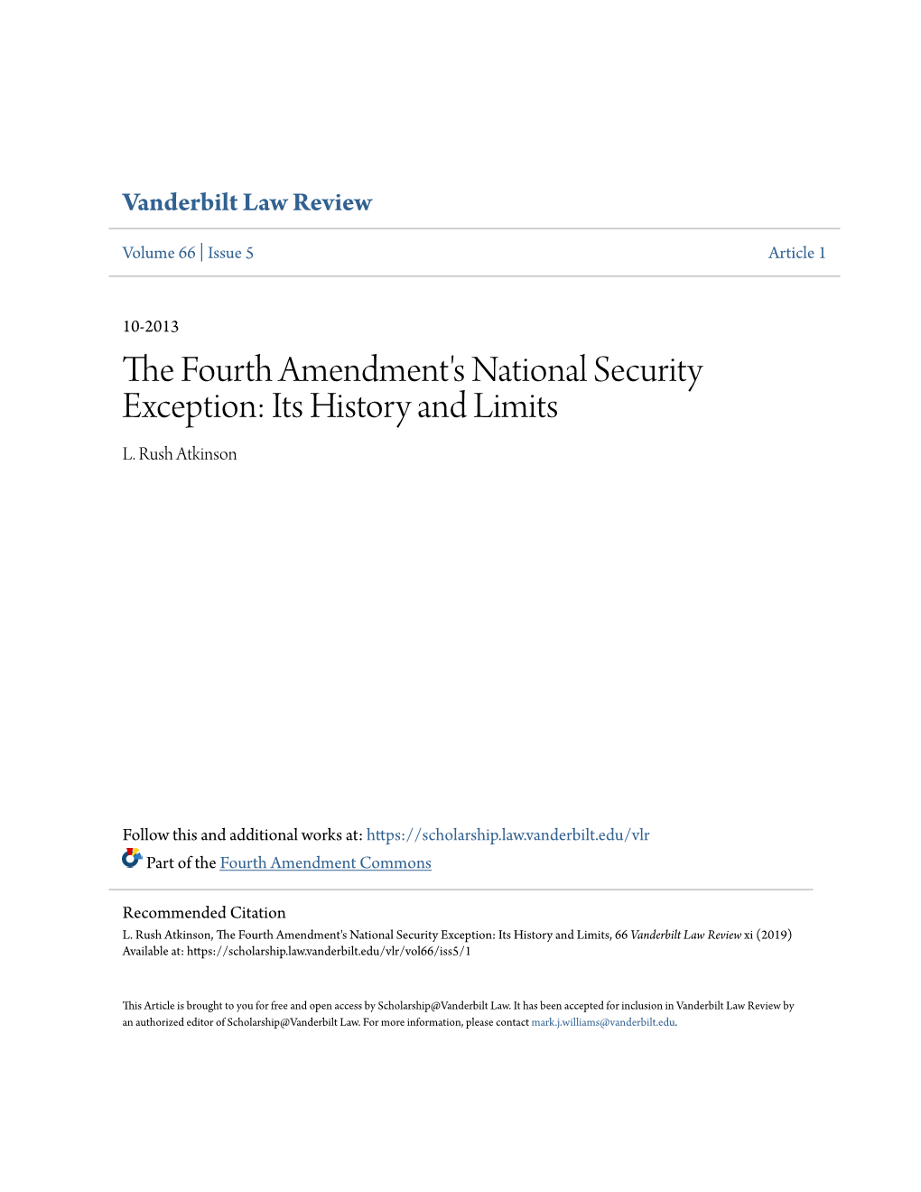 The Fourth Amendment's National Security Exception: Its History and Limits L