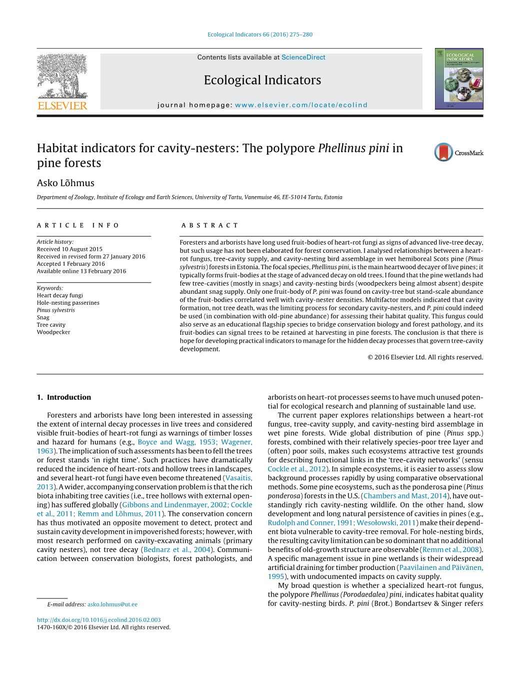 Habitat Indicators for Cavity-Nesters: the Polypore Phellinus Pini in Pine