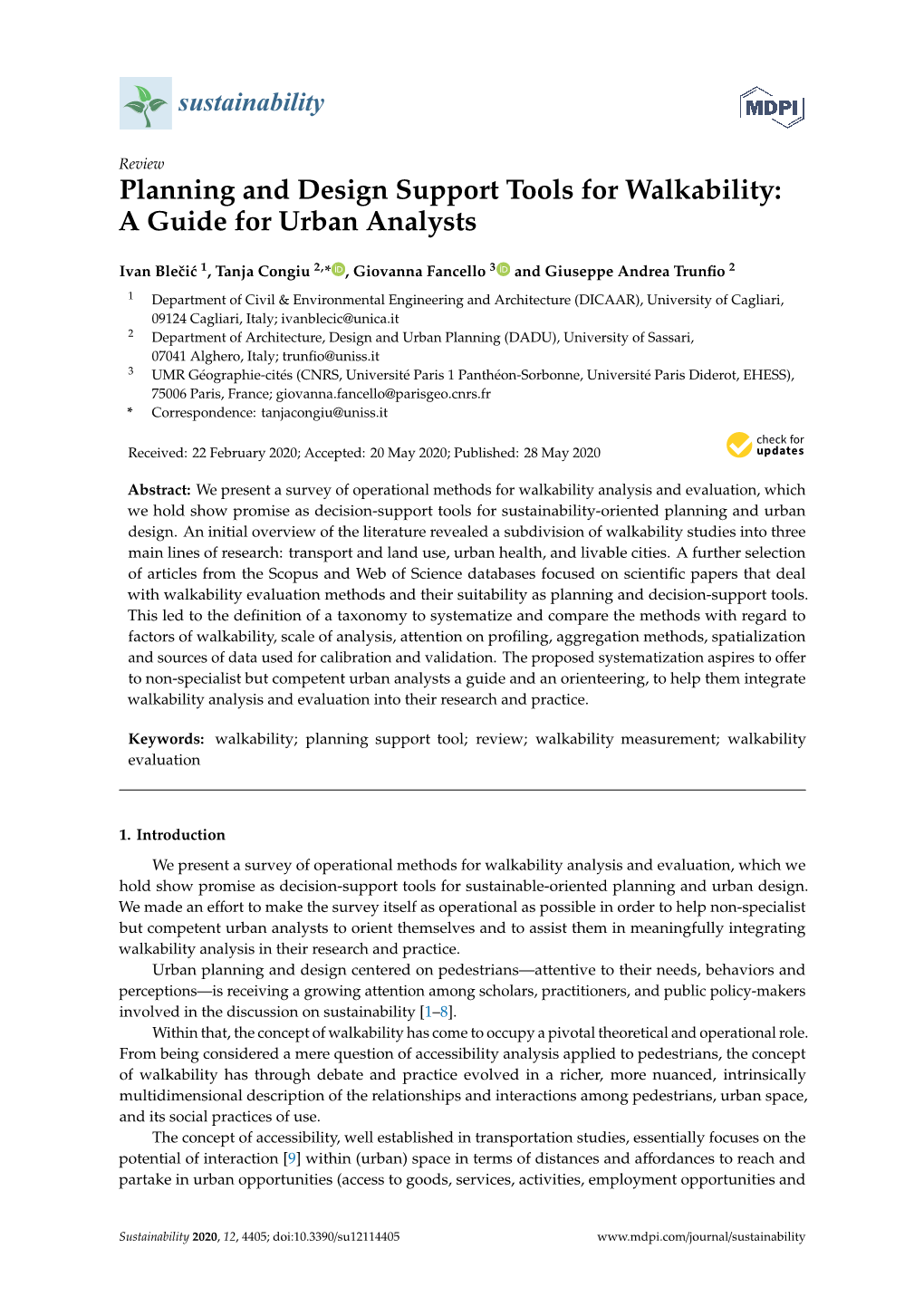 Planning and Design Support Tools for Walkability: a Guide for Urban Analysts