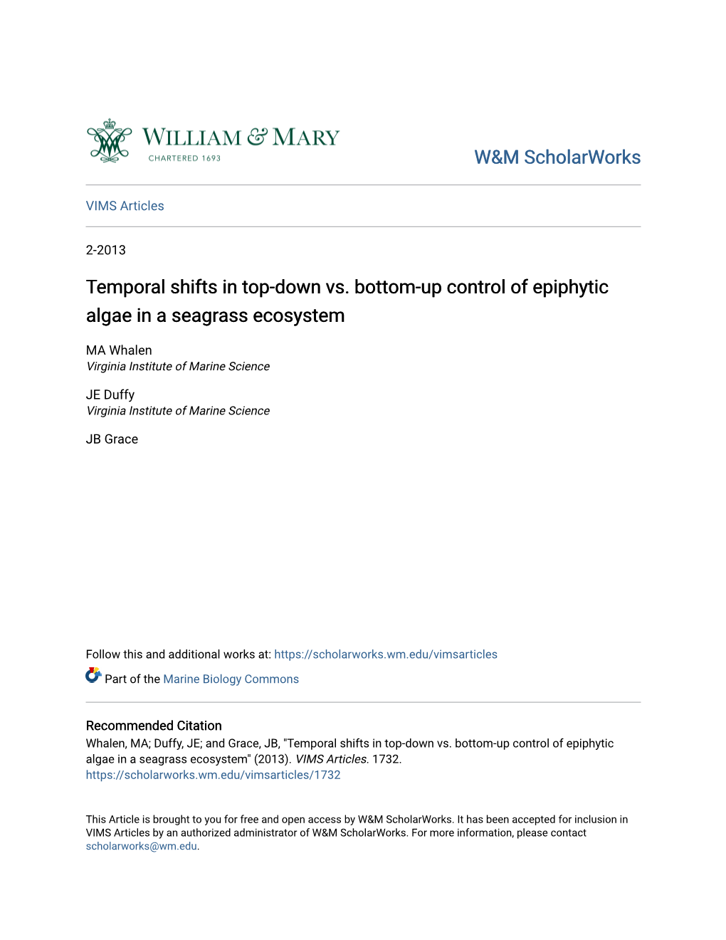 Temporal Shifts in Top-Down Vs. Bottom-Up Control of Epiphytic Algae in a Seagrass Ecosystem