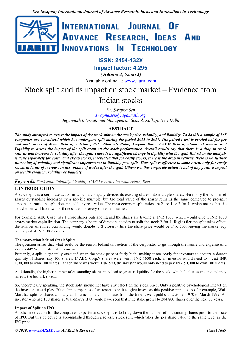 Stock Split and Its Impact on Stock Market – Evidence from Indian Stocks Dr