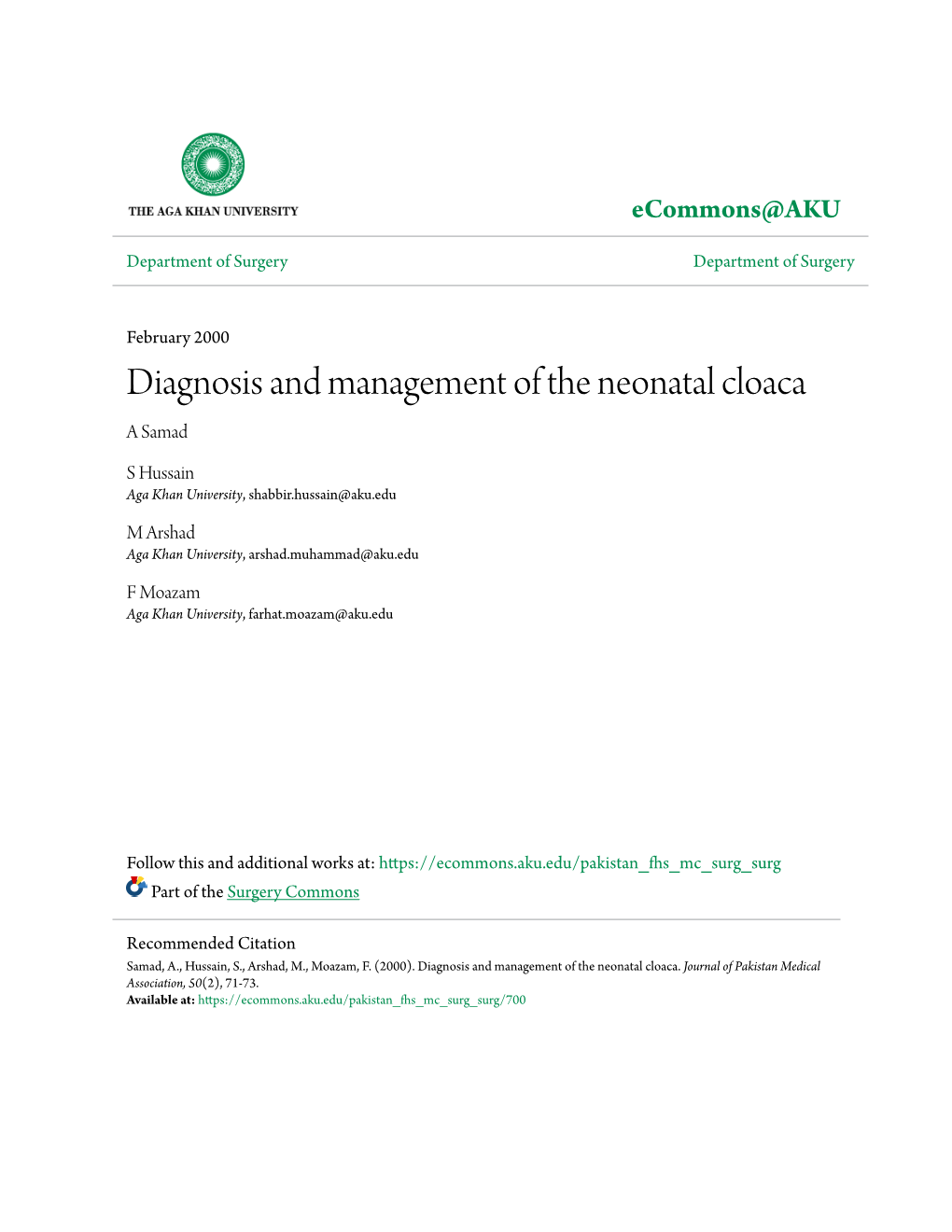 Diagnosis and Management of the Neonatal Cloaca a Samad